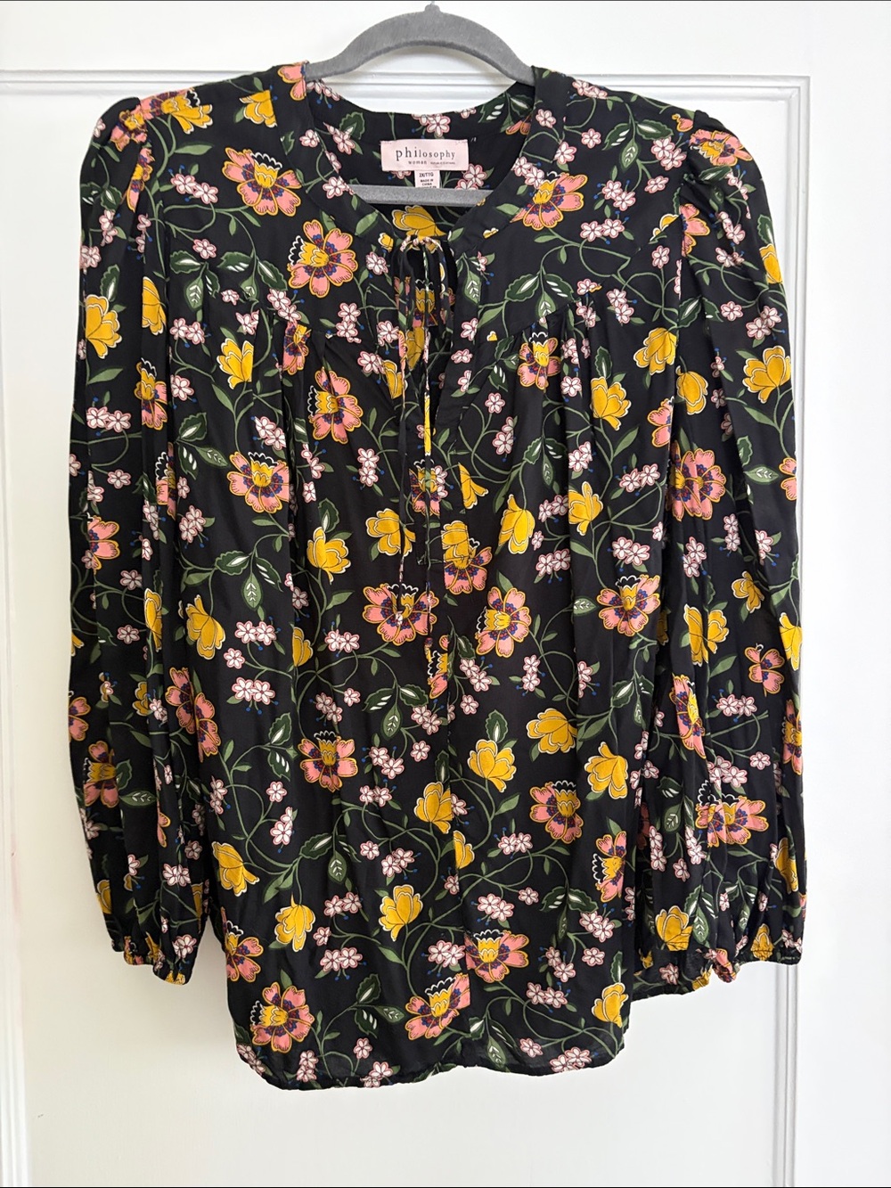 Philosophy Black Floral Tie-Neck Blouse with Yellow & Pink Flowers